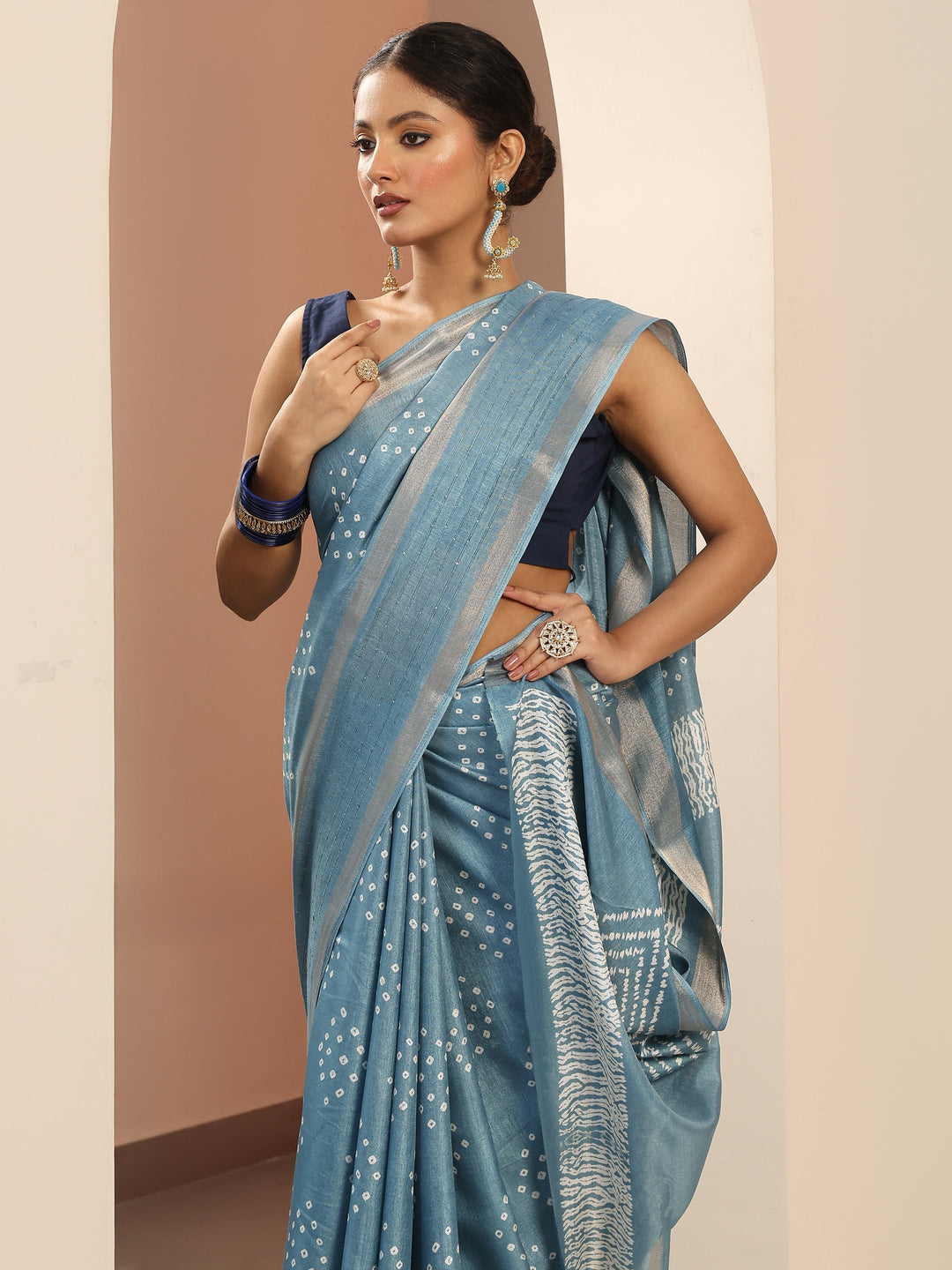  Blue Printed Silk Blend Saree With Unstitched Blouse Piece 