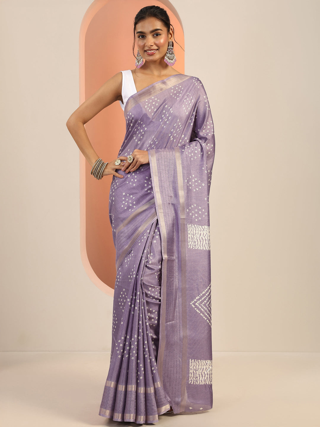  Lavender Printed Silk Blend Saree With Unstitched Blouse Piece 