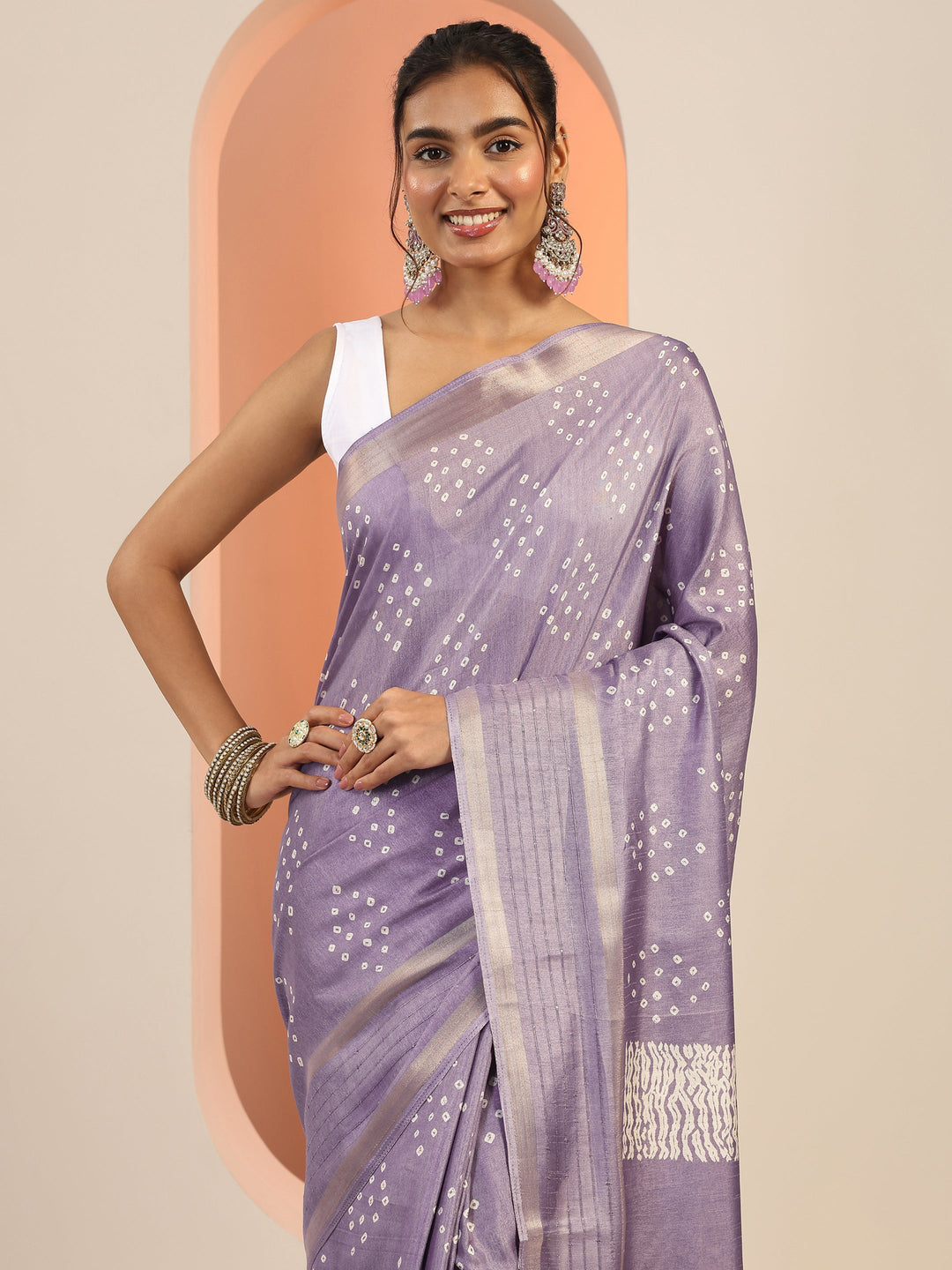  Lavender Printed Silk Blend Saree With Unstitched Blouse Piece 