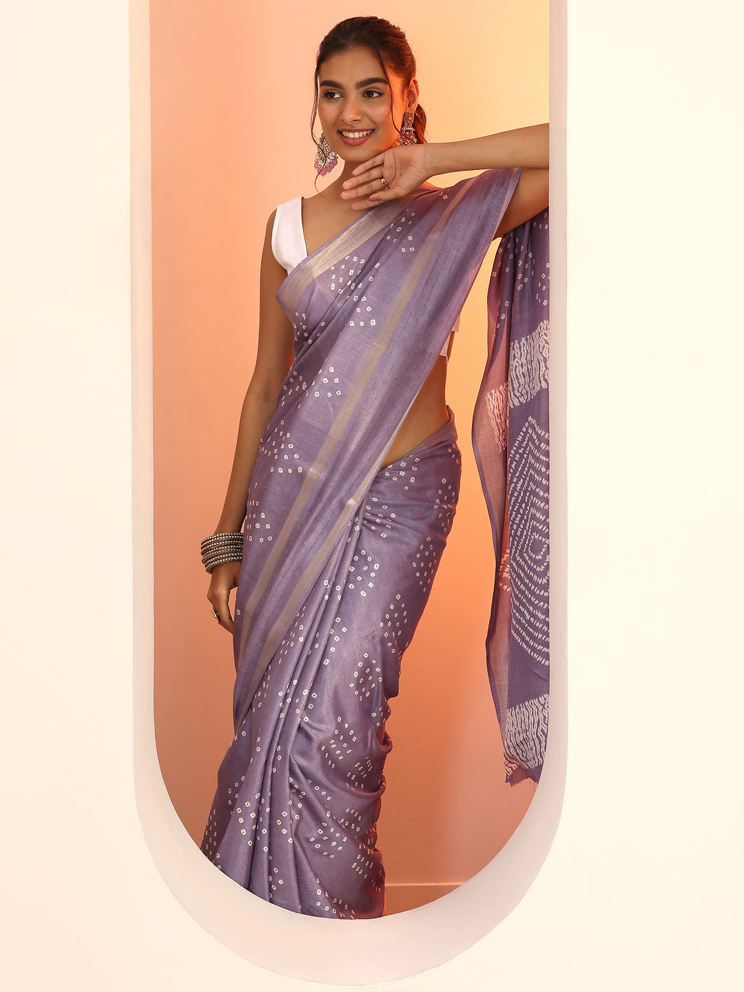  Lavender Printed Silk Blend Saree With Unstitched Blouse Piece 