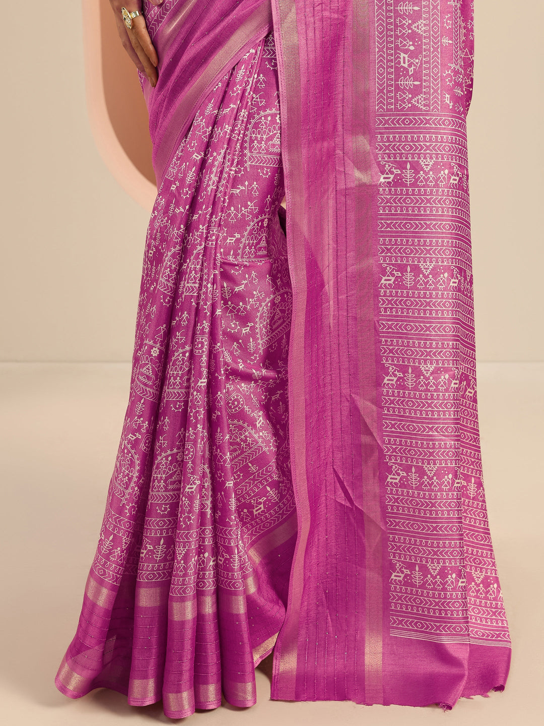  Pink Printed Silk Blend Saree With Unstitched Blouse Piece 