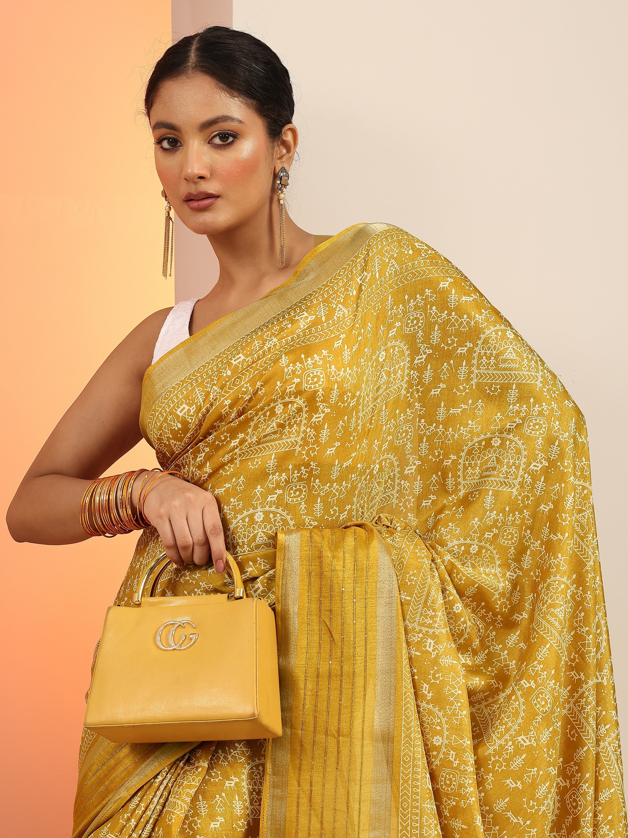 libas Mustard Printed Silk Blend Saree With Unstitched Blouse Piece-picture-49