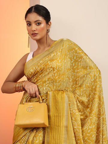 Mustard Printed Silk Blend Saree With Unstitched Blouse Piece