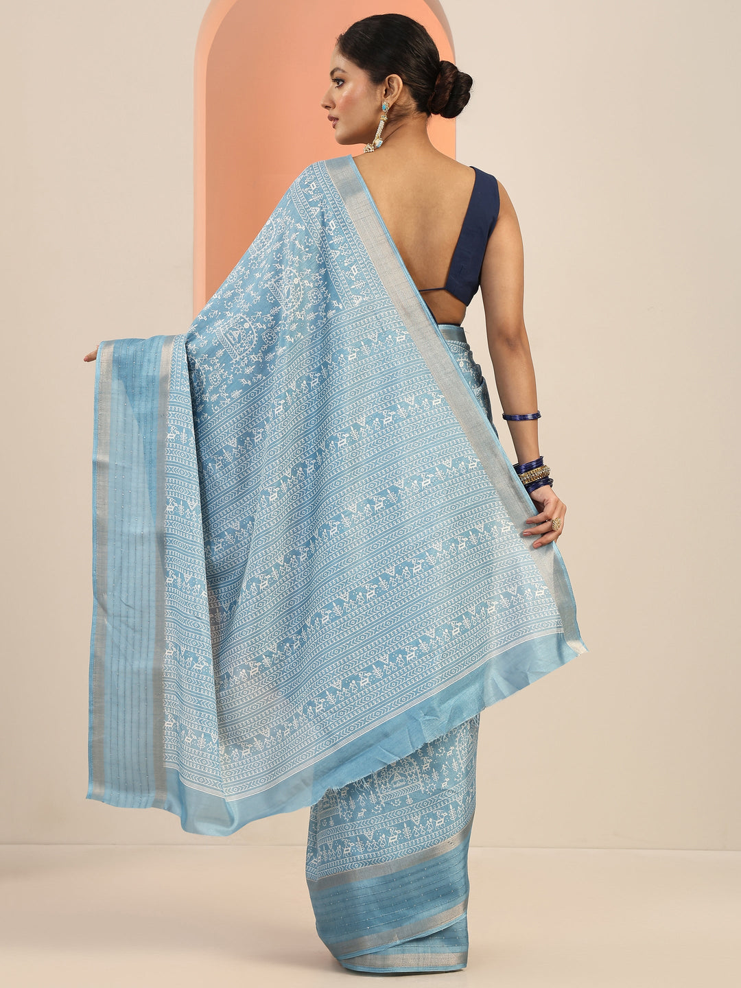  Blue Printed Silk Blend Saree With Unstitched Blouse Piece 