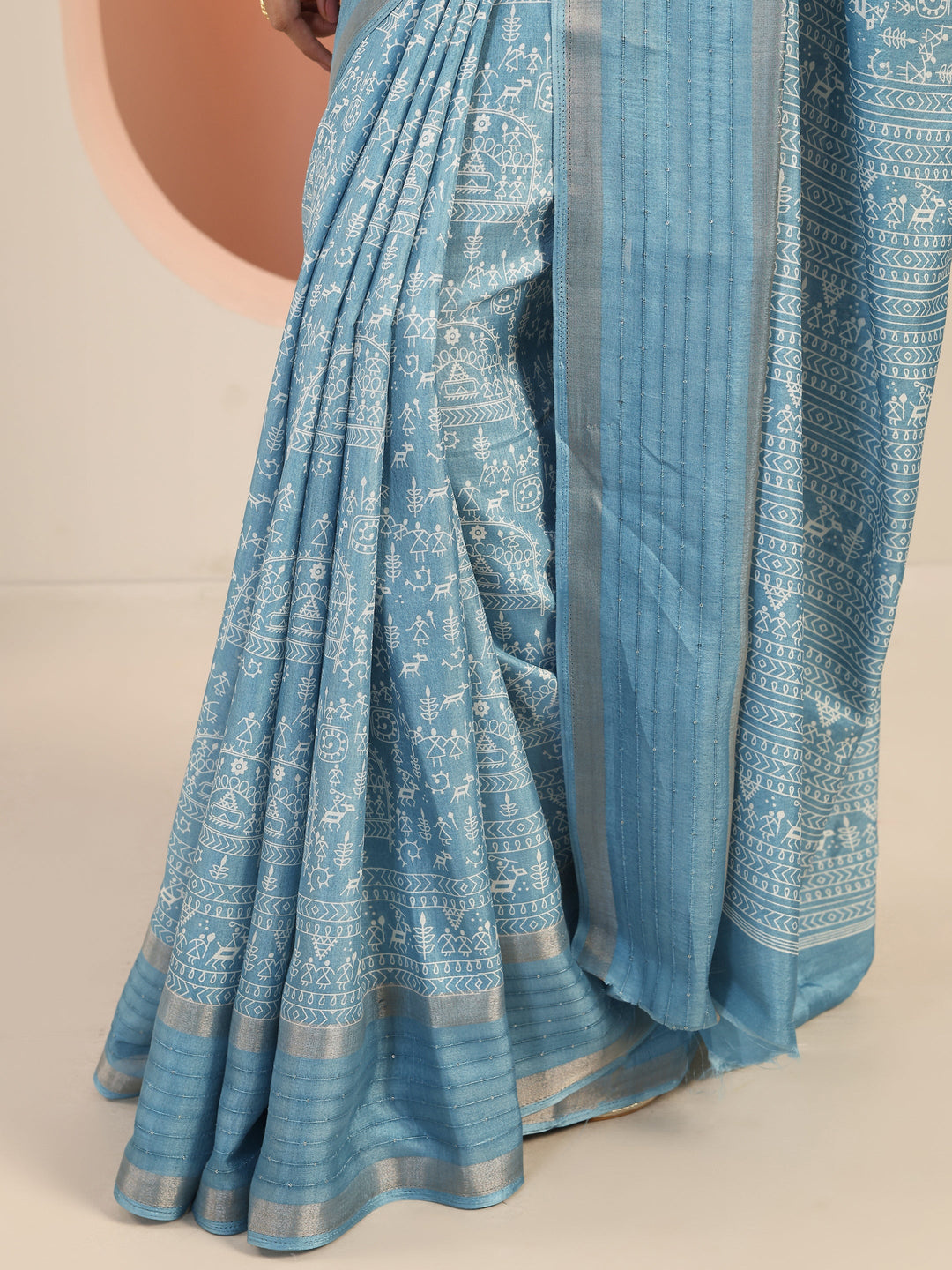  Blue Printed Silk Blend Saree With Unstitched Blouse Piece 