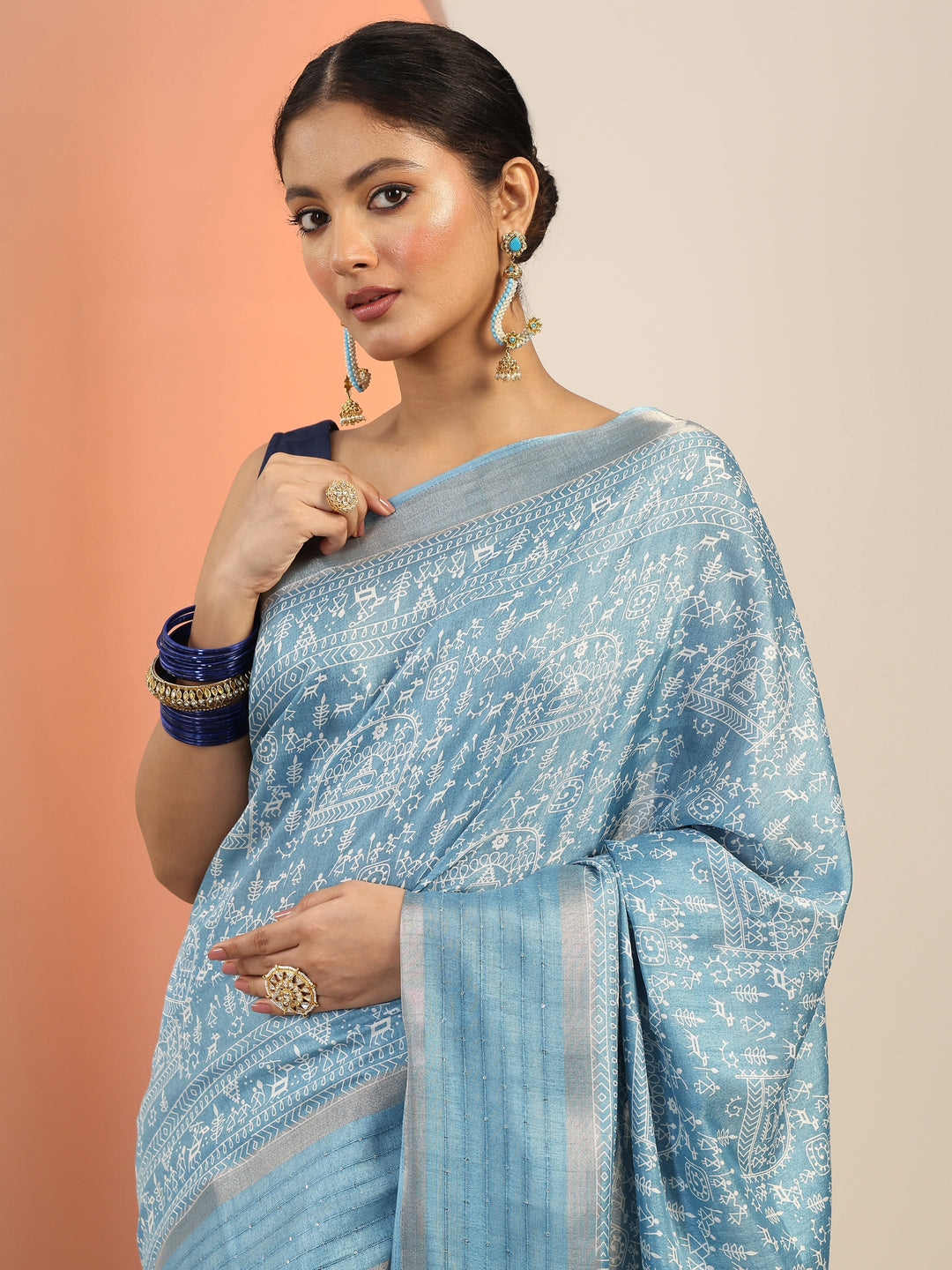  Blue Printed Silk Blend Saree With Unstitched Blouse Piece 
