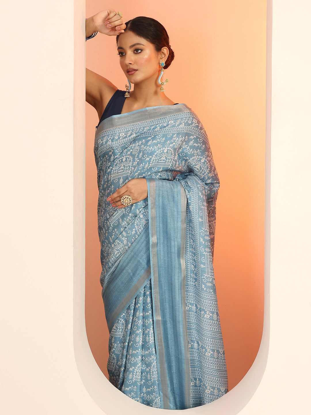  Blue Printed Silk Blend Saree With Unstitched Blouse Piece 