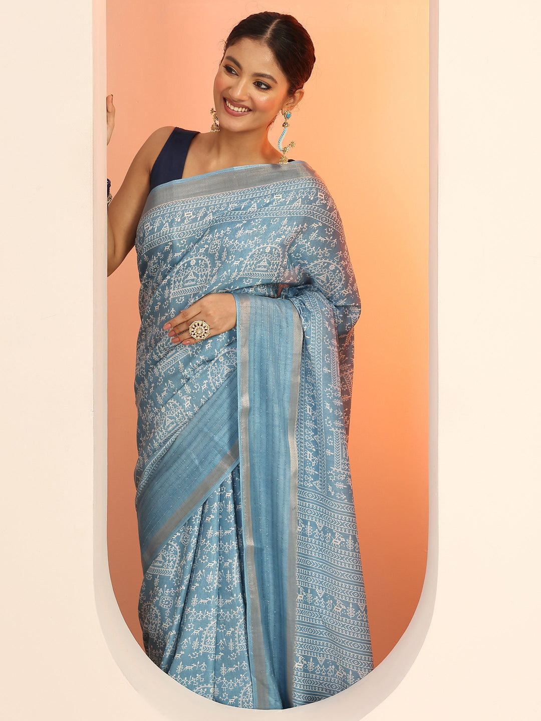  Blue Printed Silk Blend Saree With Unstitched Blouse Piece 