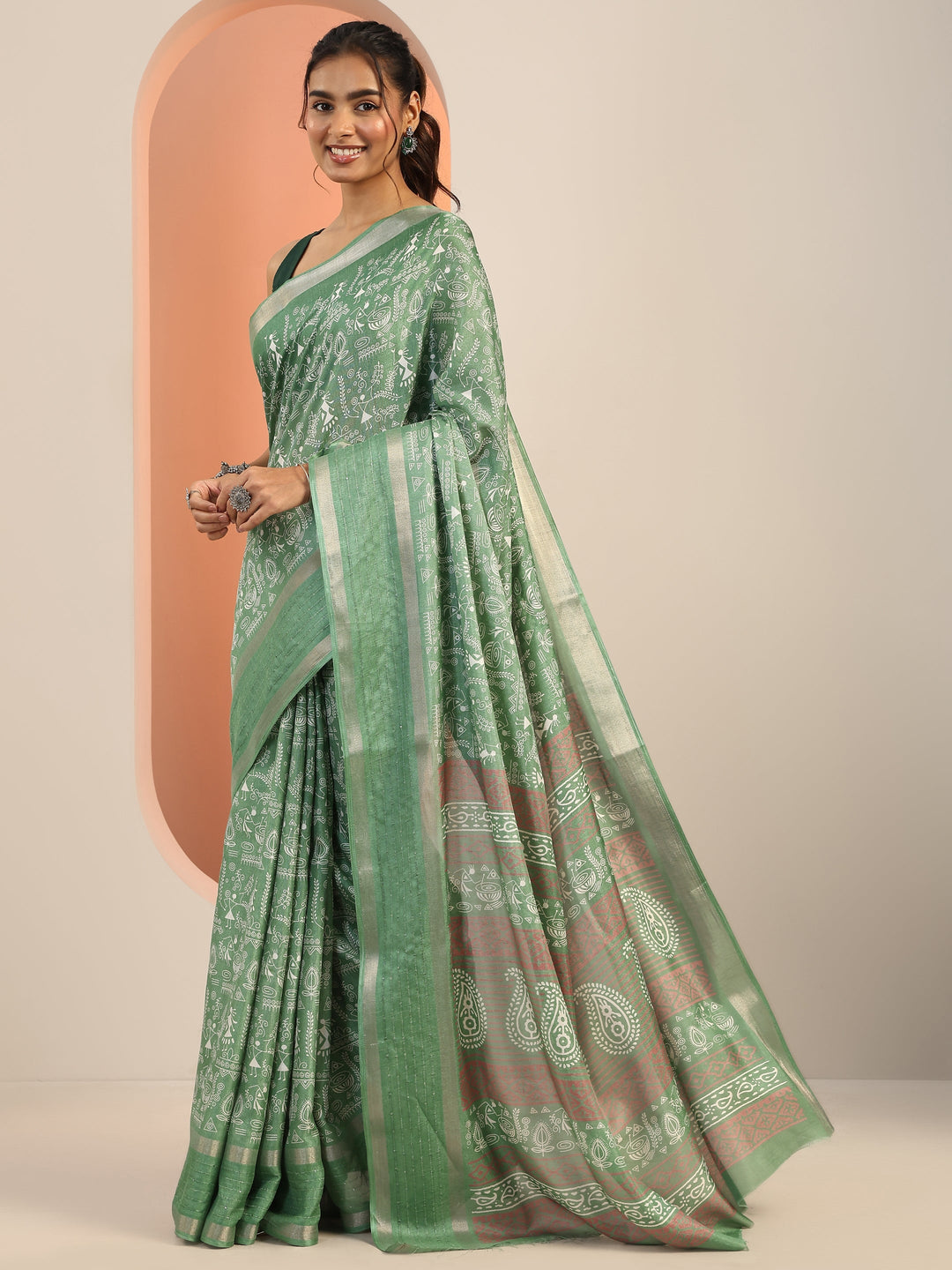  Green Printed Silk Blend Saree With Unstitched Blouse Piece 