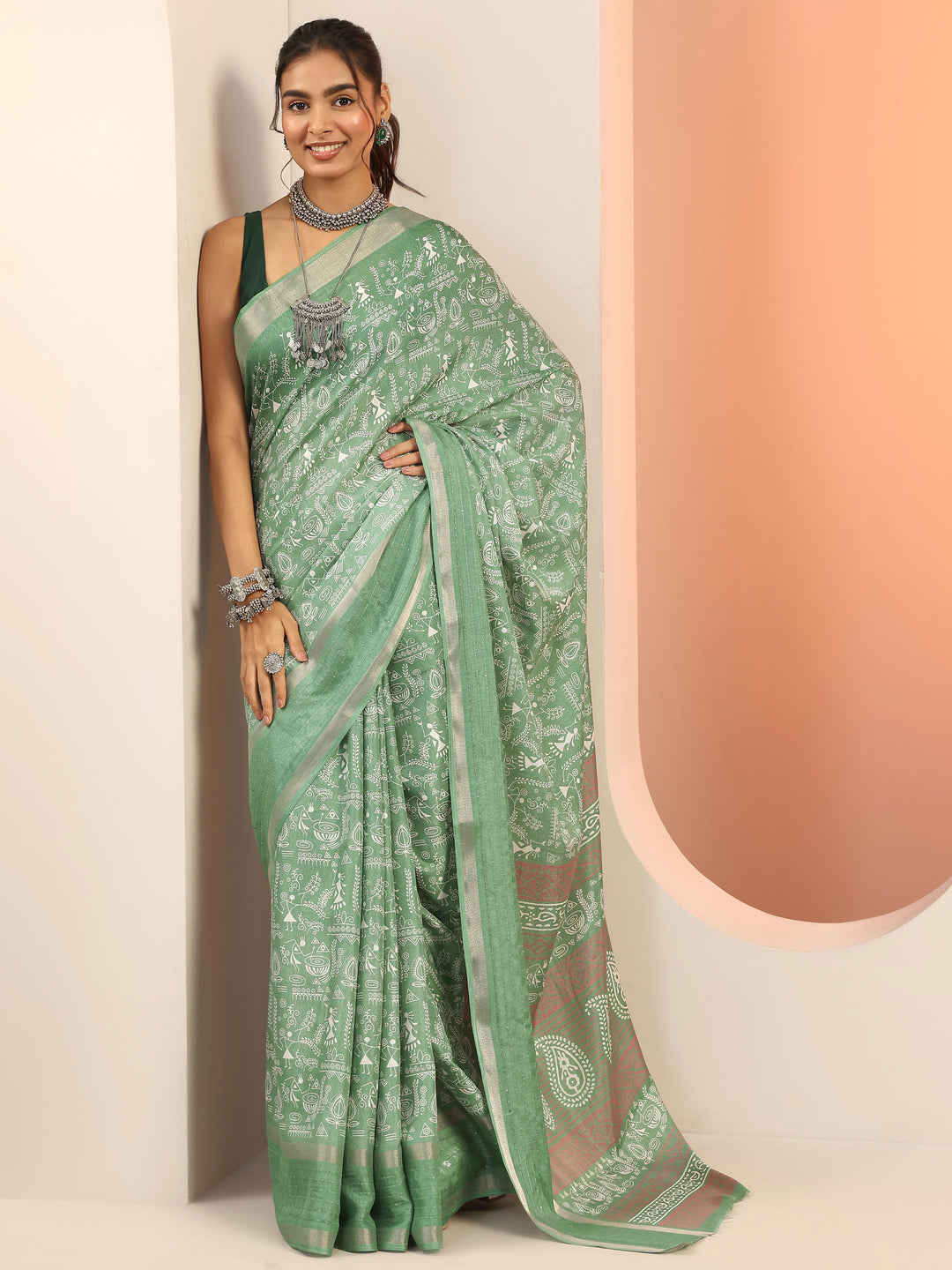  Green Printed Silk Blend Saree With Unstitched Blouse Piece 