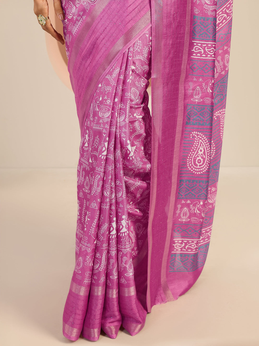  Pink Printed Silk Blend Saree With Unstitched Blouse Piece 
