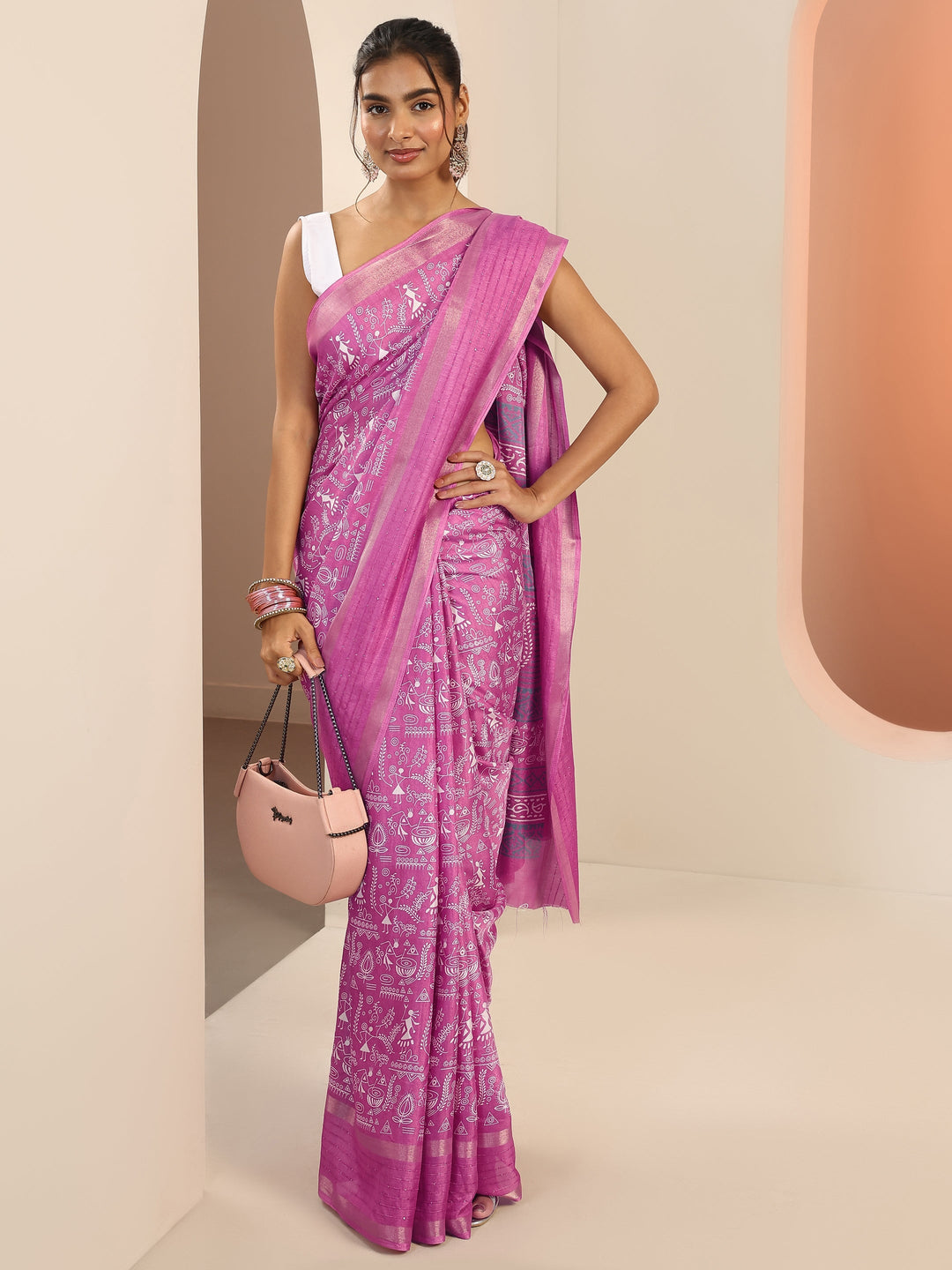  Pink Printed Silk Blend Saree With Unstitched Blouse Piece 