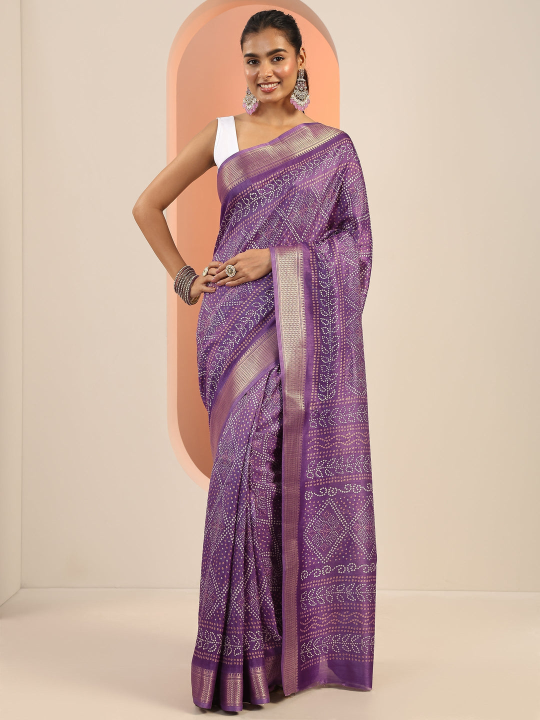  Lavender Printed Silk Blend Saree With Unstitched Blouse Piece 