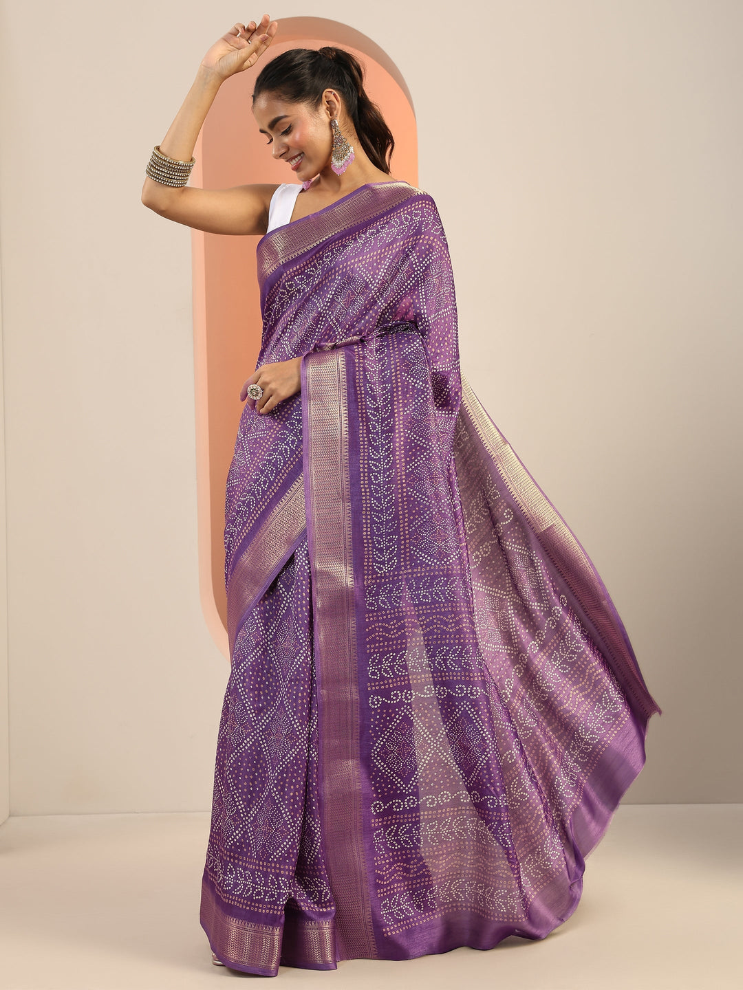  Lavender Printed Silk Blend Saree With Unstitched Blouse Piece 