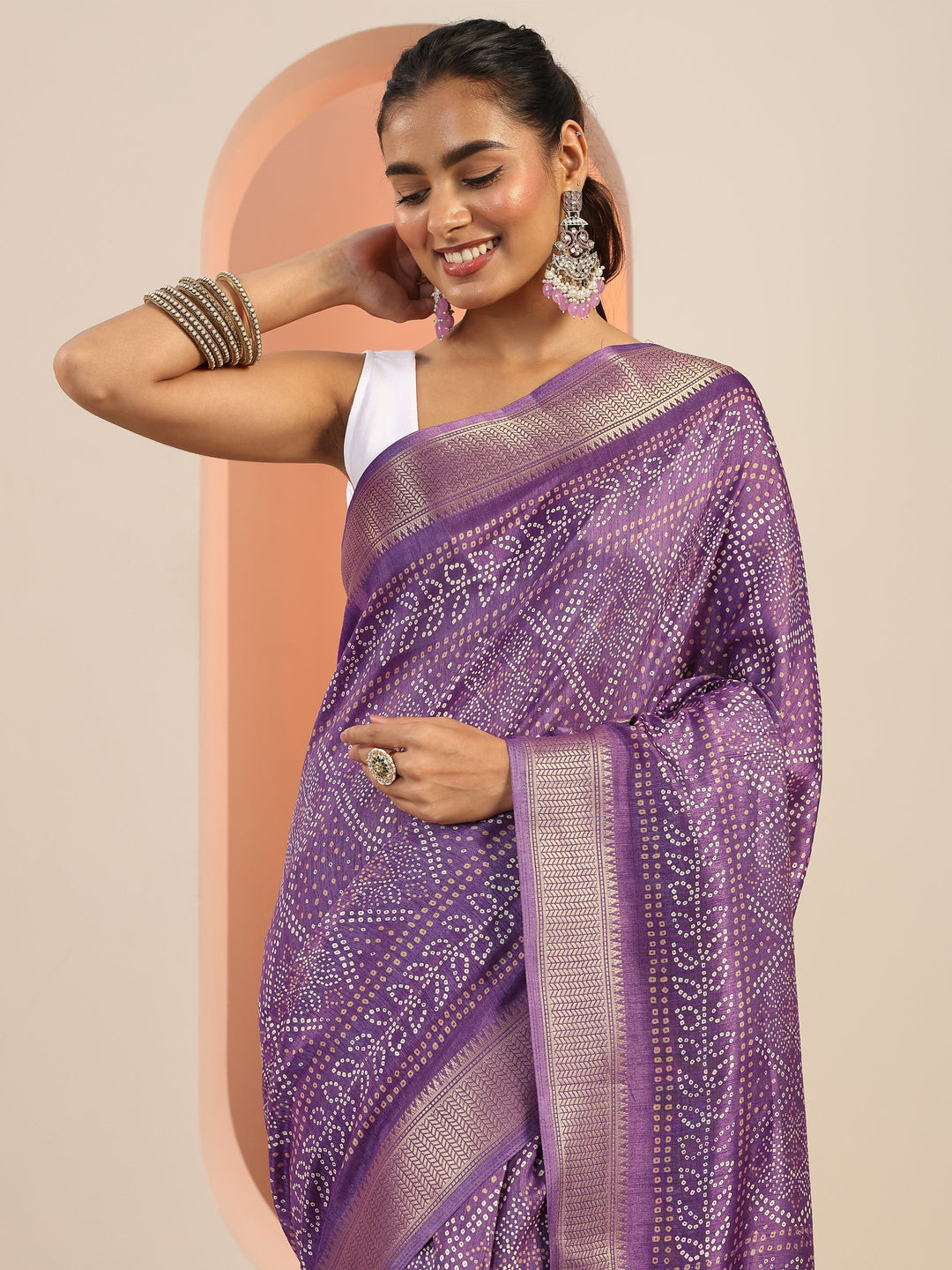  Lavender Printed Silk Blend Saree With Unstitched Blouse Piece 