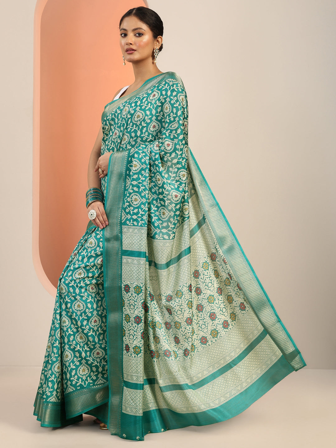  Teal Printed Silk Blend Saree With Unstitched Blouse Piece 