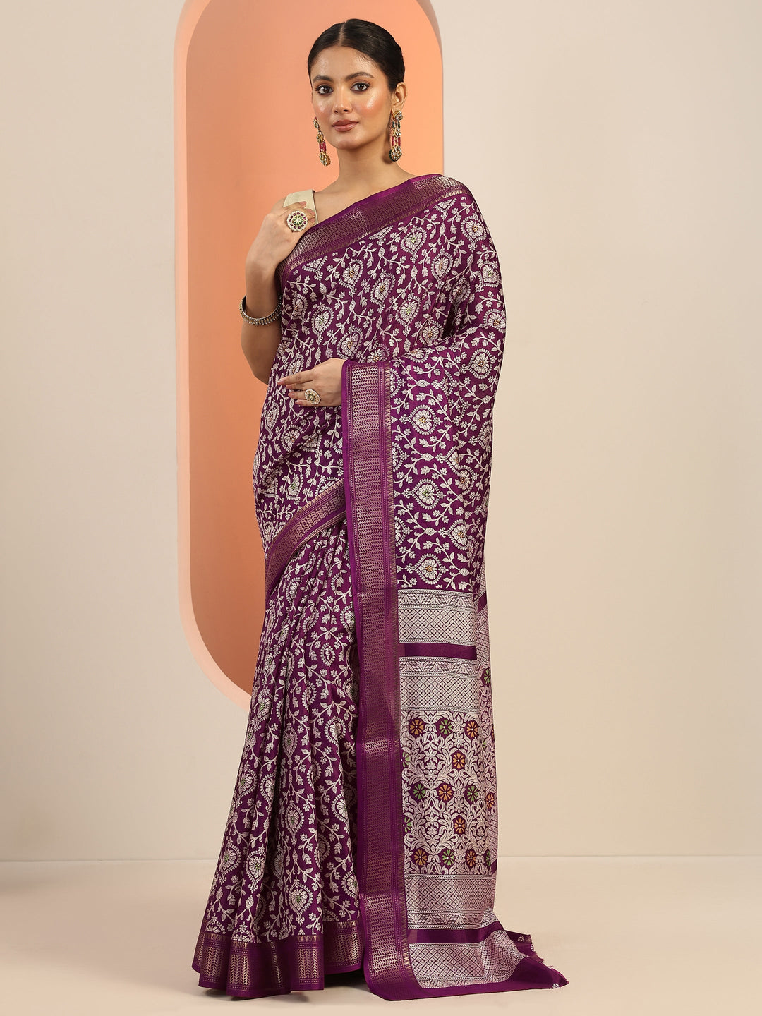  Burgundy Printed Silk Blend Saree With Unstitched Blouse Piece 