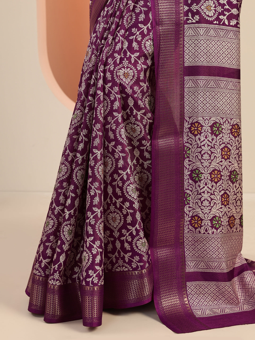  Burgundy Printed Silk Blend Saree With Unstitched Blouse Piece 