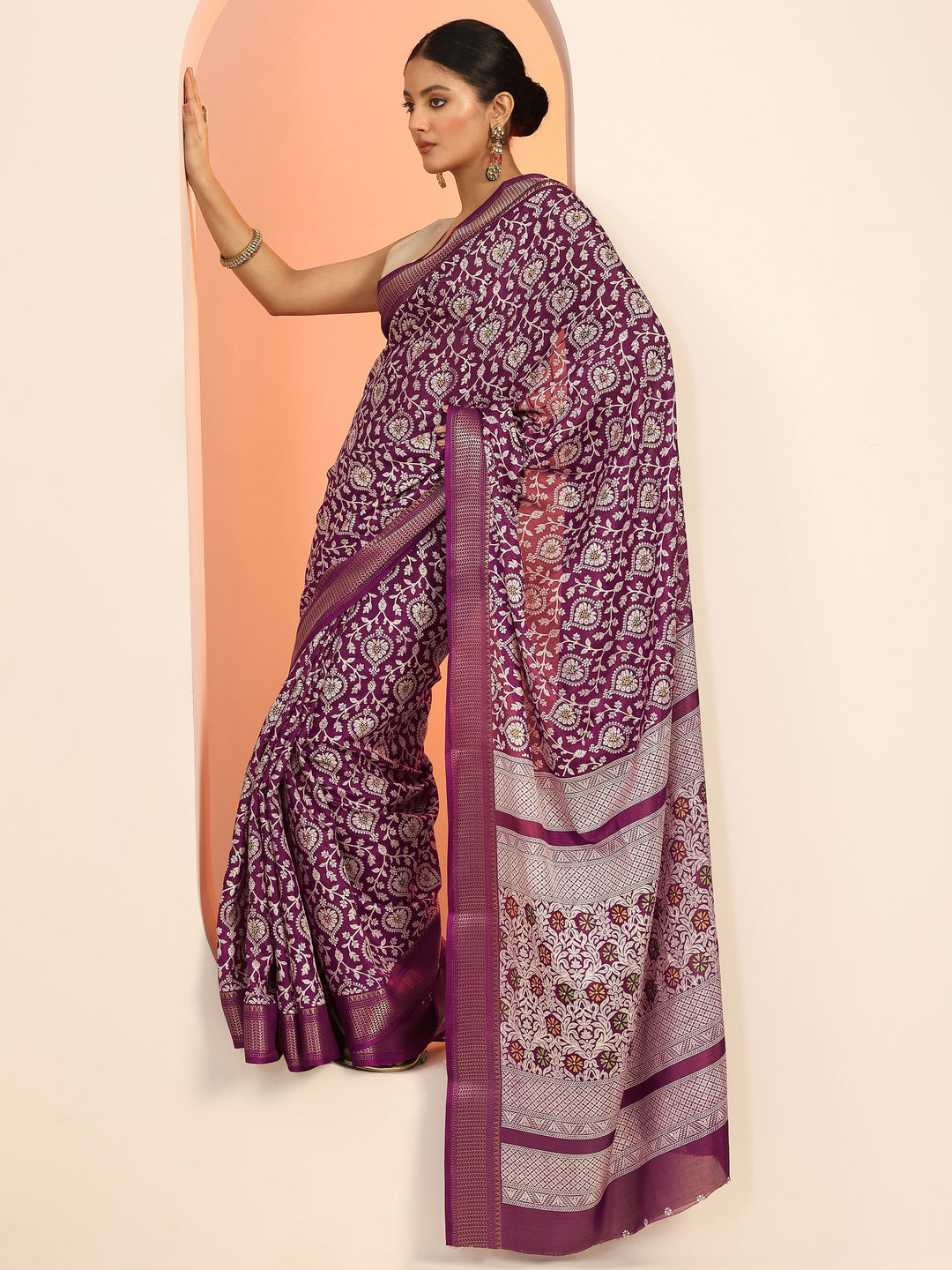  Burgundy Printed Silk Blend Saree With Unstitched Blouse Piece 