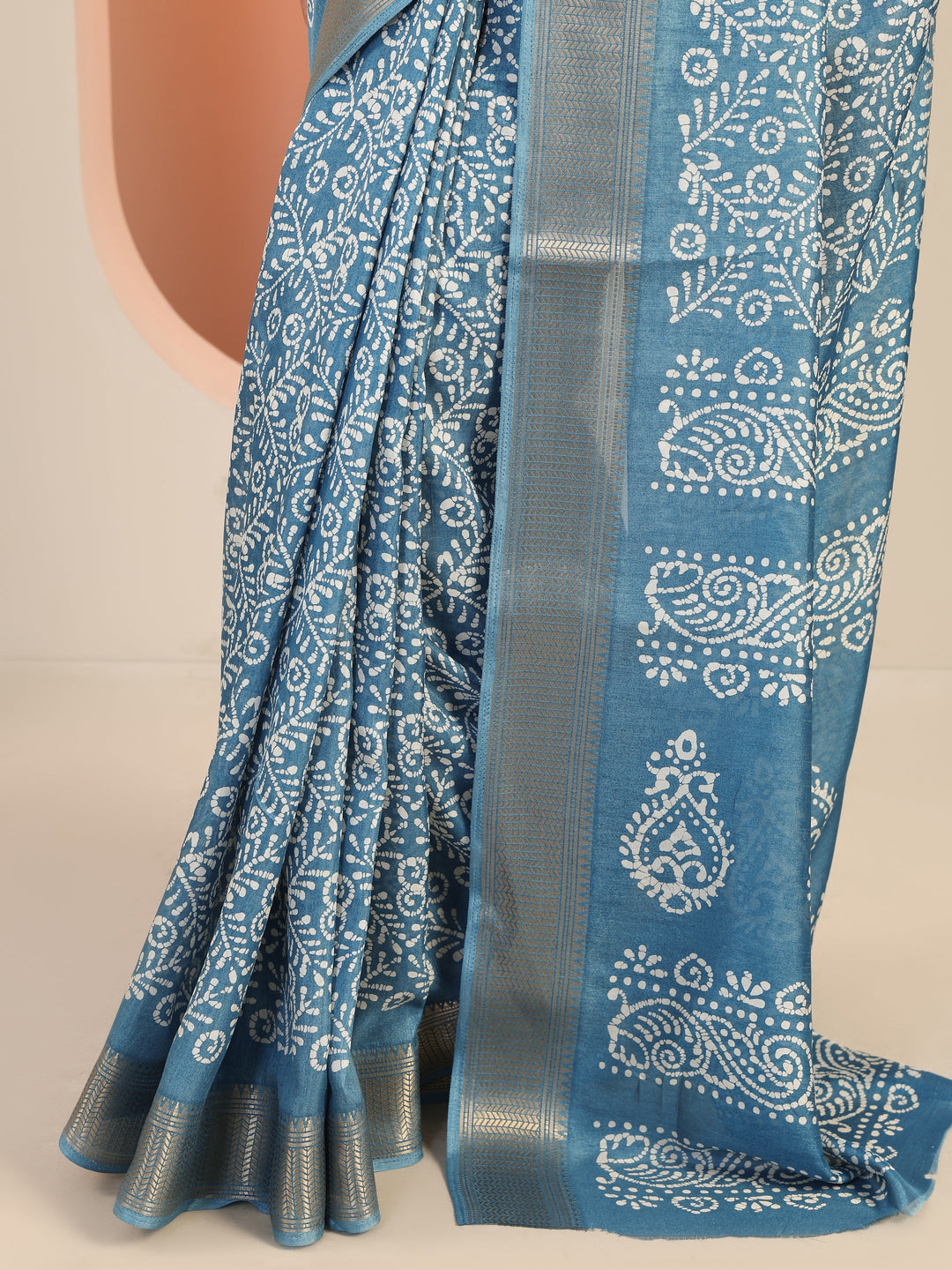  Blue Printed Silk Blend Saree With Unstitched Blouse Piece 