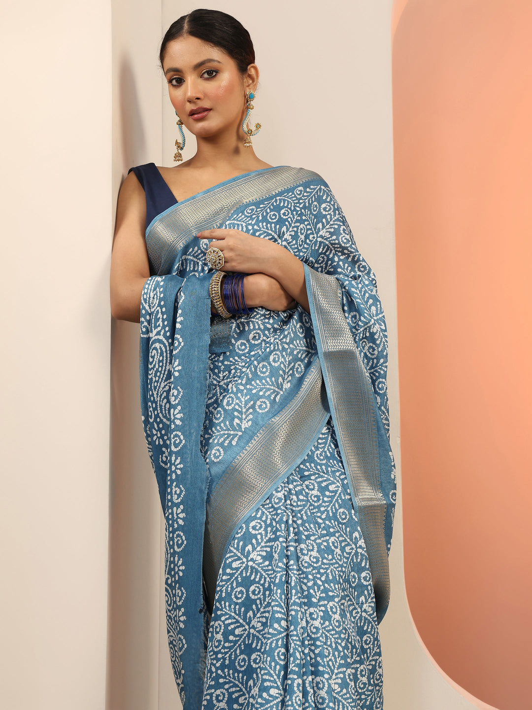  Blue Printed Silk Blend Saree With Unstitched Blouse Piece 
