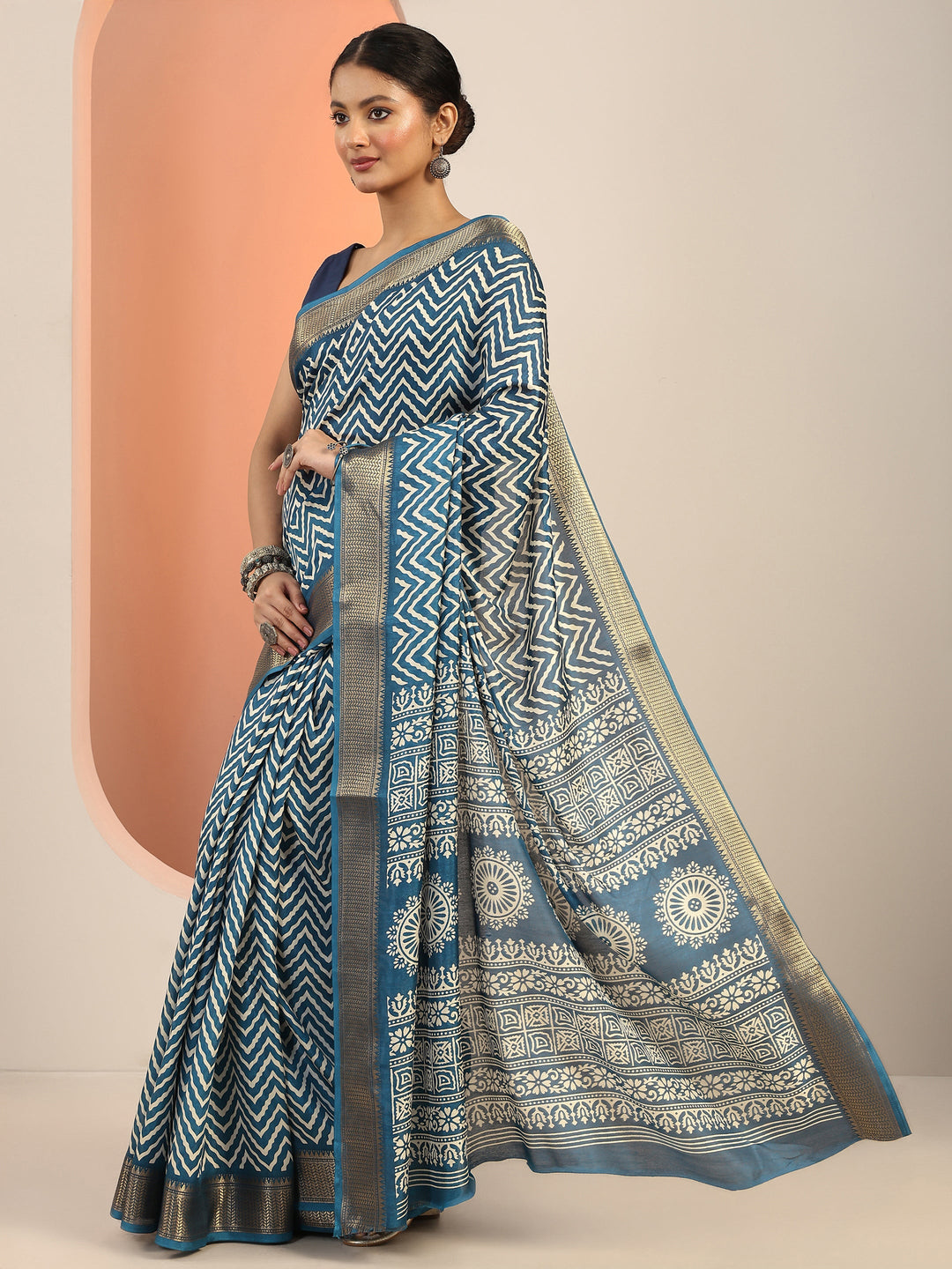  Blue Printed Silk Blend Saree With Unstitched Blouse Piece 