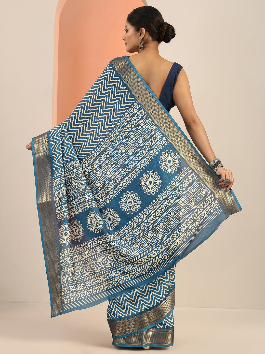  Blue Printed Silk Blend Saree With Unstitched Blouse Piece 