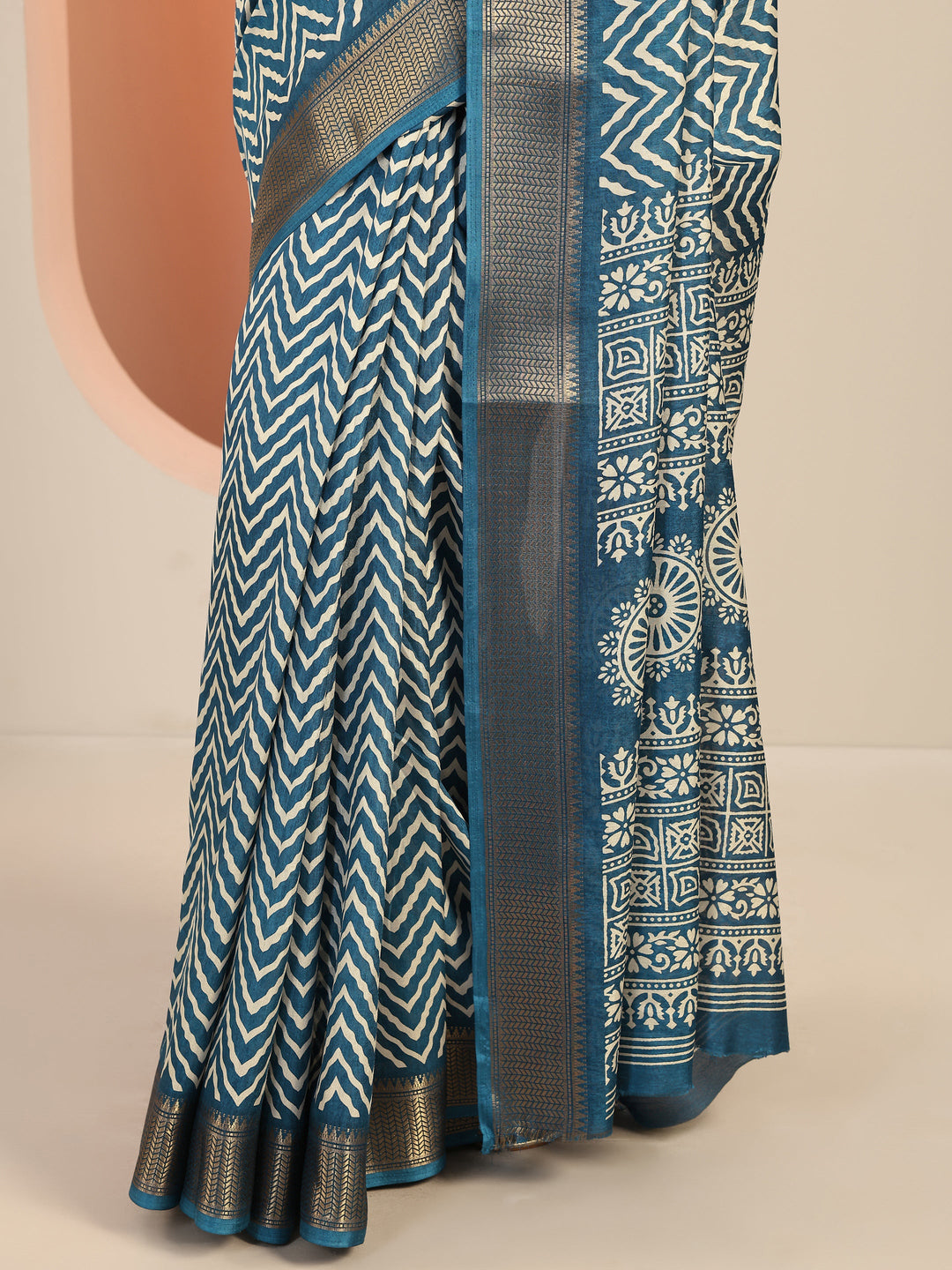  Blue Printed Silk Blend Saree With Unstitched Blouse Piece 