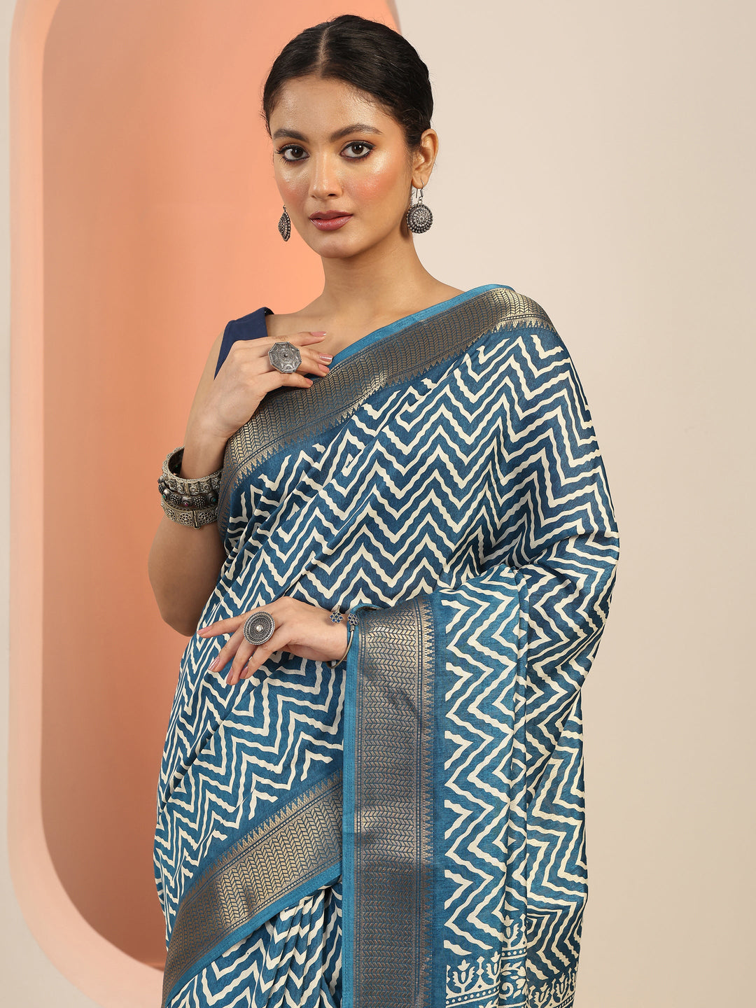  Blue Printed Silk Blend Saree With Unstitched Blouse Piece 
