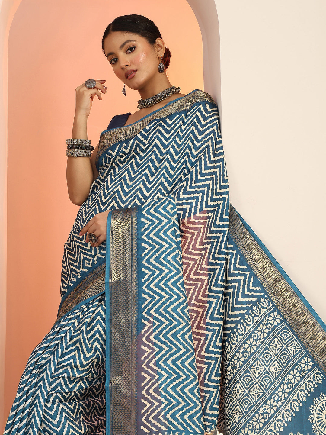  Blue Printed Silk Blend Saree With Unstitched Blouse Piece 