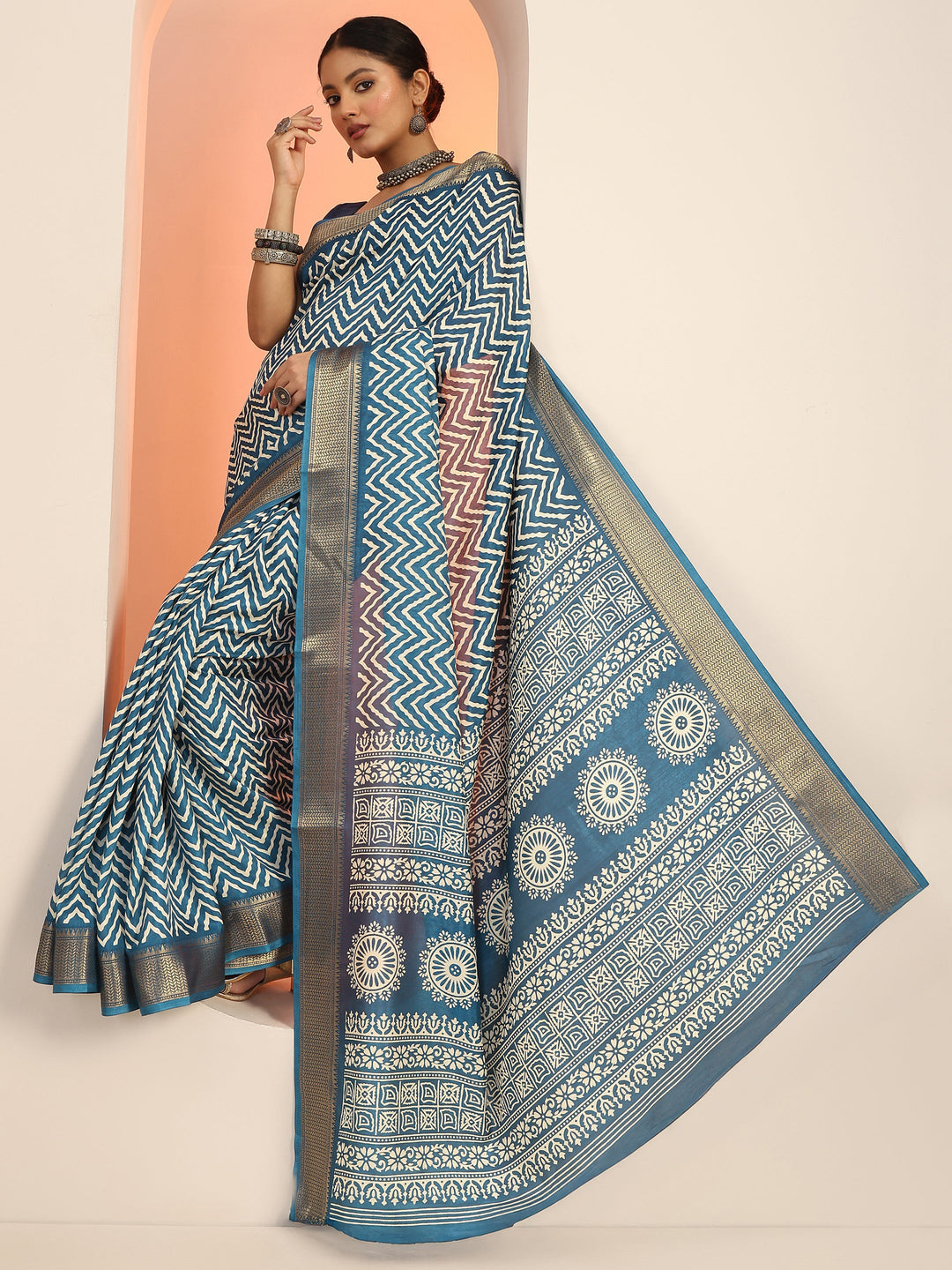  Blue Printed Silk Blend Saree With Unstitched Blouse Piece 
