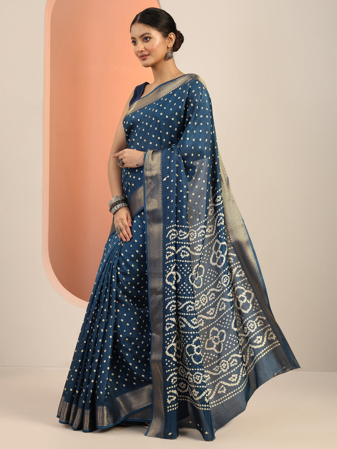  Blue Printed Silk Blend Saree With Unstitched Blouse Piece 