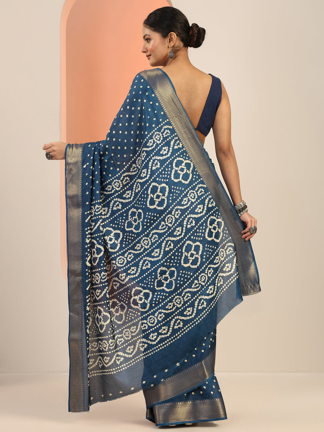  Blue Printed Silk Blend Saree With Unstitched Blouse Piece 