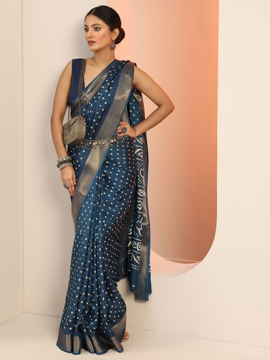  Blue Printed Silk Blend Saree With Unstitched Blouse Piece 