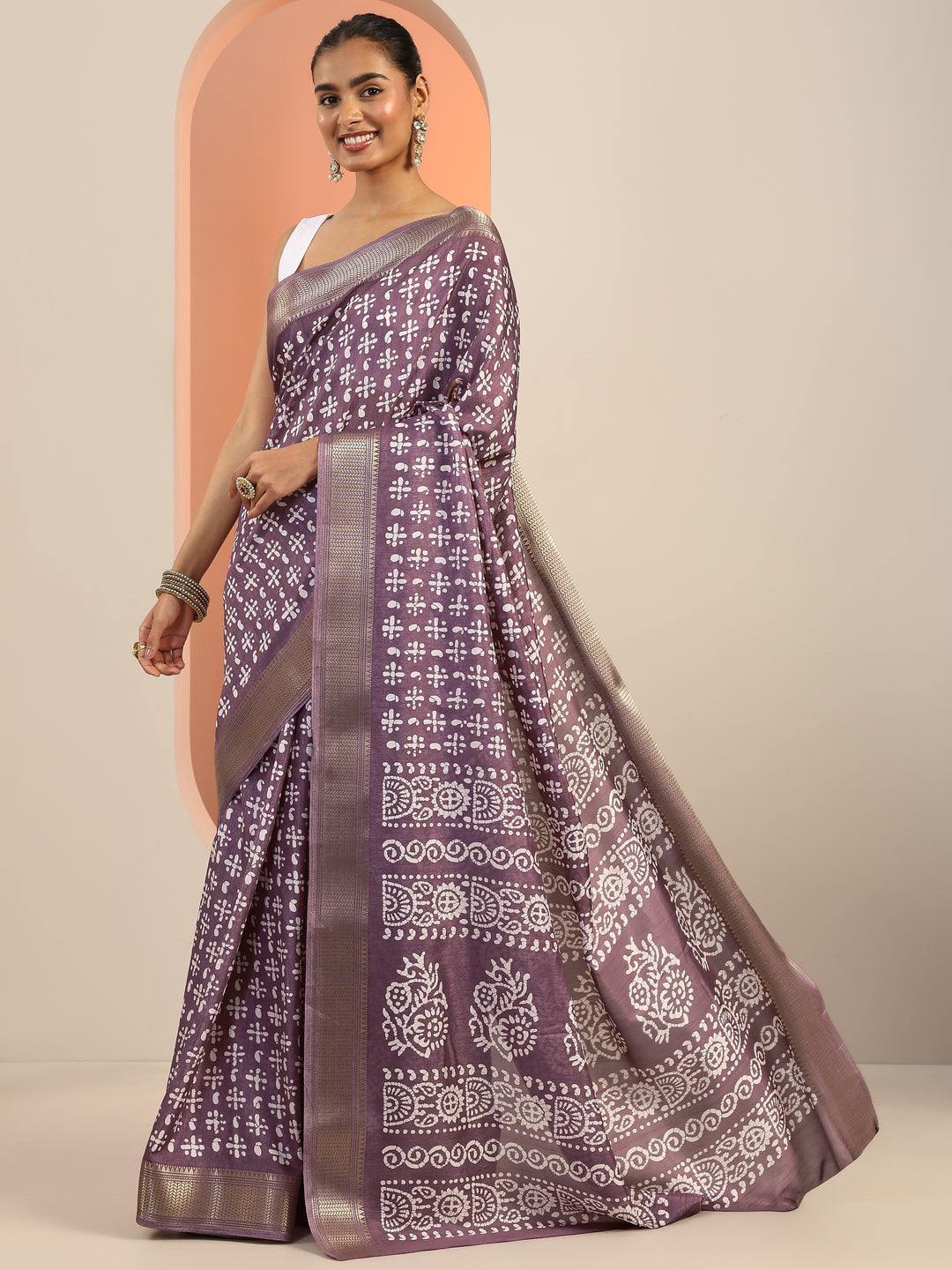 Mauve Printed Silk Blend Saree With Unstitched Blouse Piece 