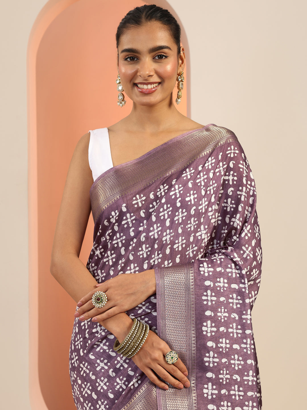  Mauve Printed Silk Blend Saree With Unstitched Blouse Piece 