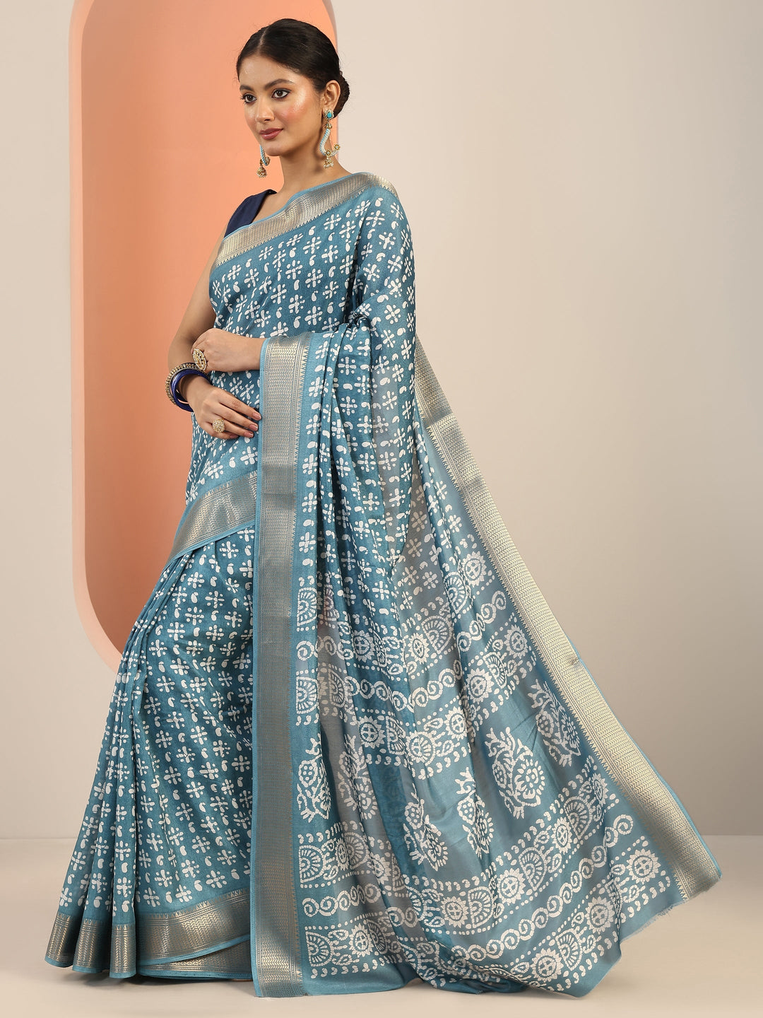  Blue Printed Silk Blend Saree With Unstitched Blouse Piece 