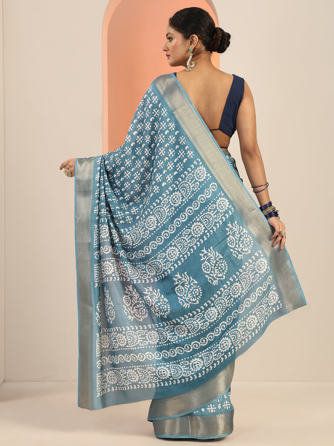  Blue Printed Silk Blend Saree With Unstitched Blouse Piece 