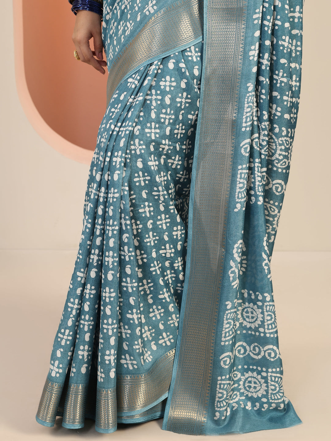  Blue Printed Silk Blend Saree With Unstitched Blouse Piece 