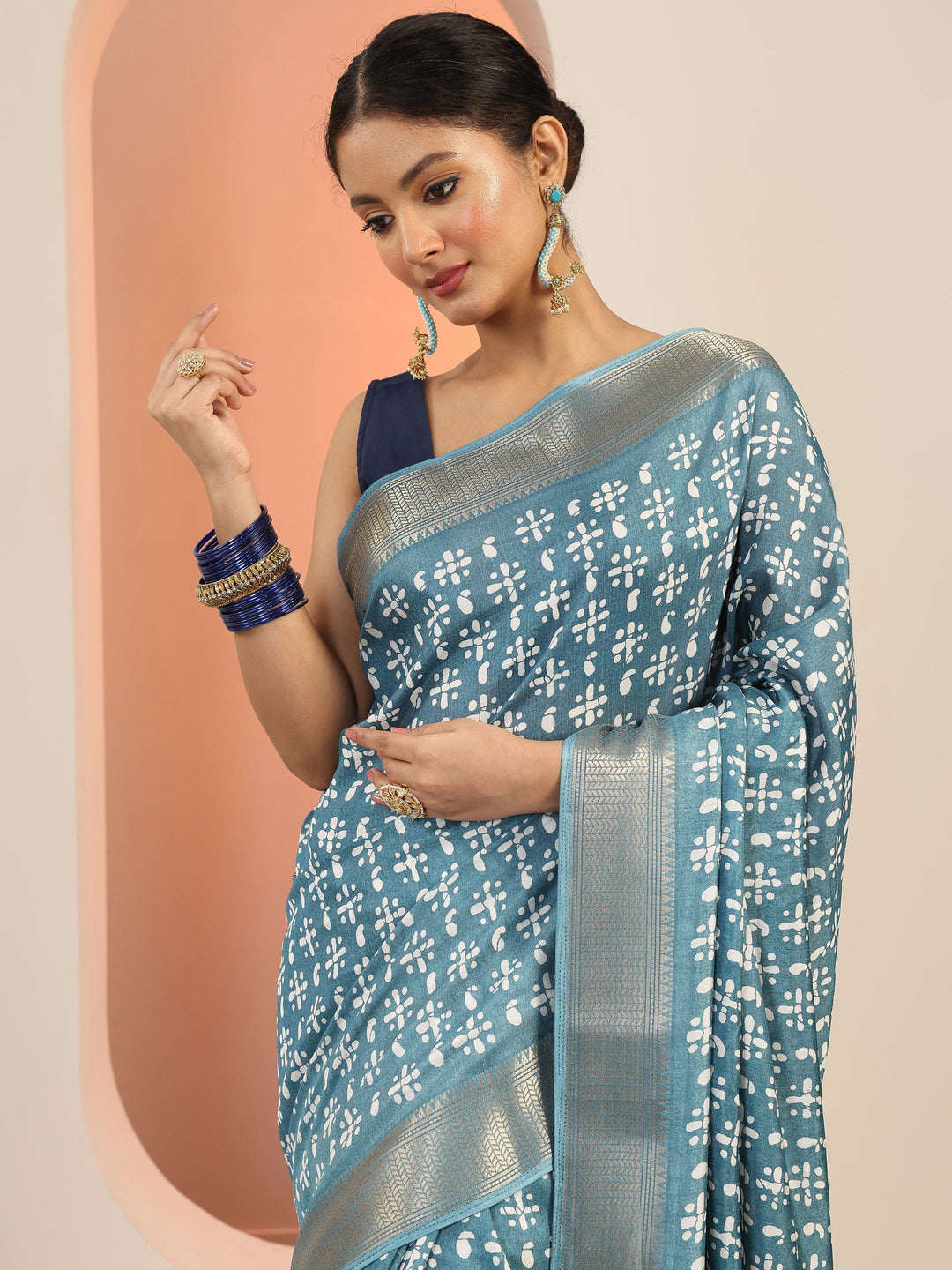  Blue Printed Silk Blend Saree With Unstitched Blouse Piece 