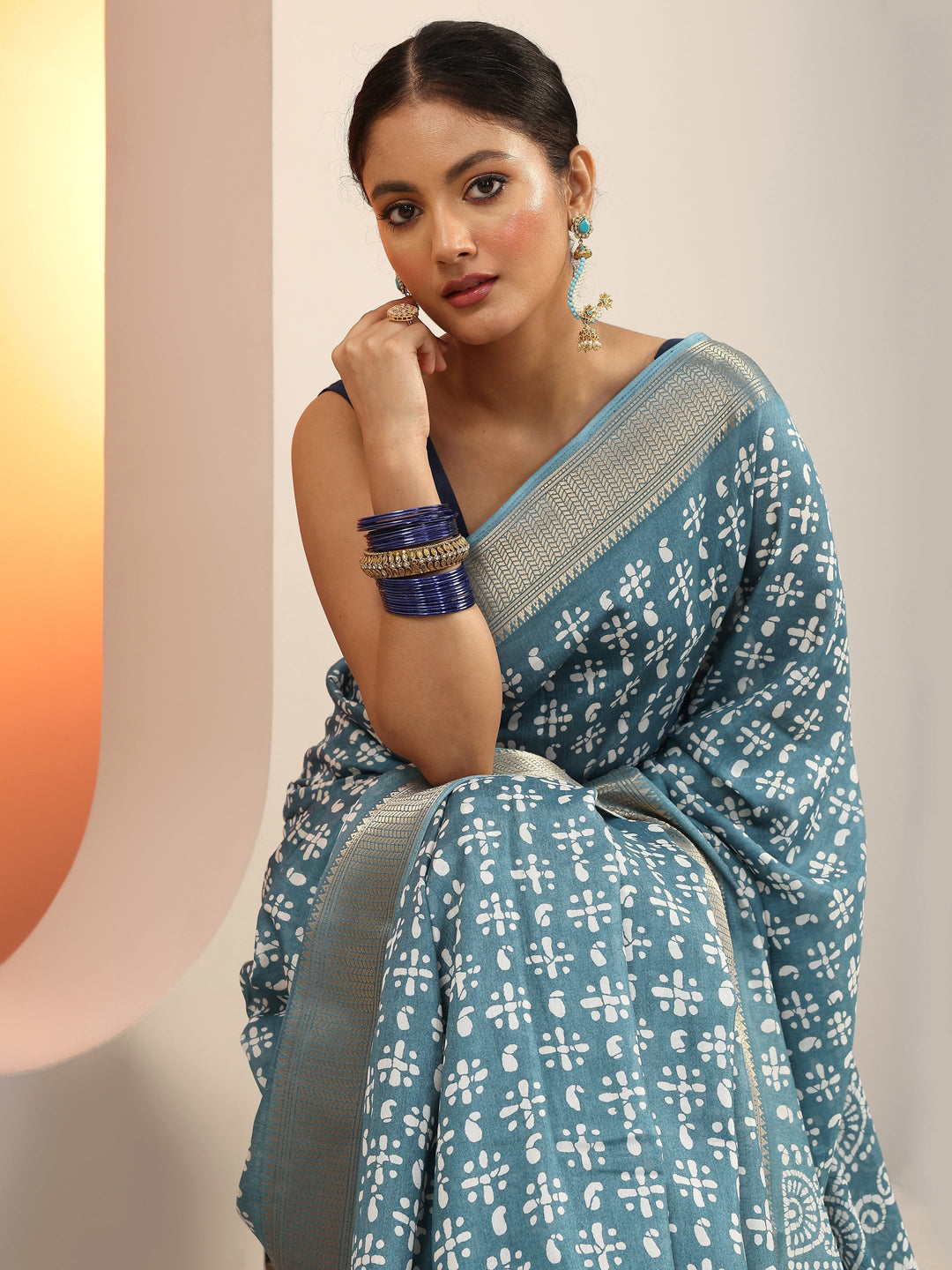  Blue Printed Silk Blend Saree With Unstitched Blouse Piece 