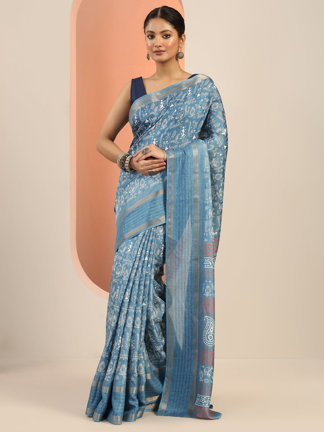 Blue Printed Silk Blend Saree With Unstitched Blouse Piece 