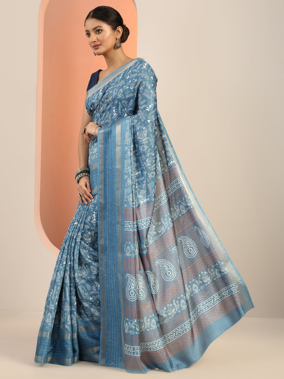  Blue Printed Silk Blend Saree With Unstitched Blouse Piece 