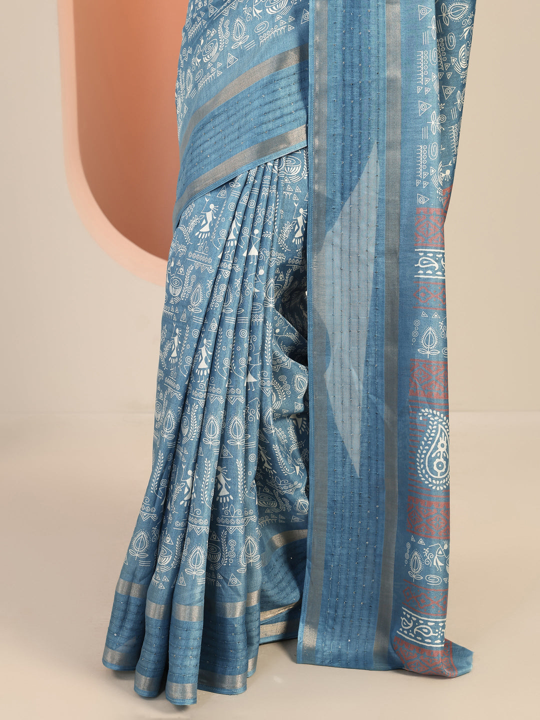  Blue Printed Silk Blend Saree With Unstitched Blouse Piece 