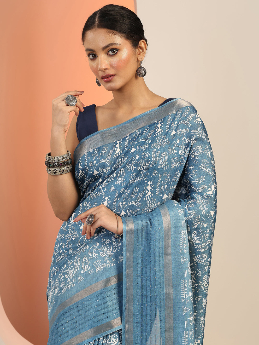  Blue Printed Silk Blend Saree With Unstitched Blouse Piece 
