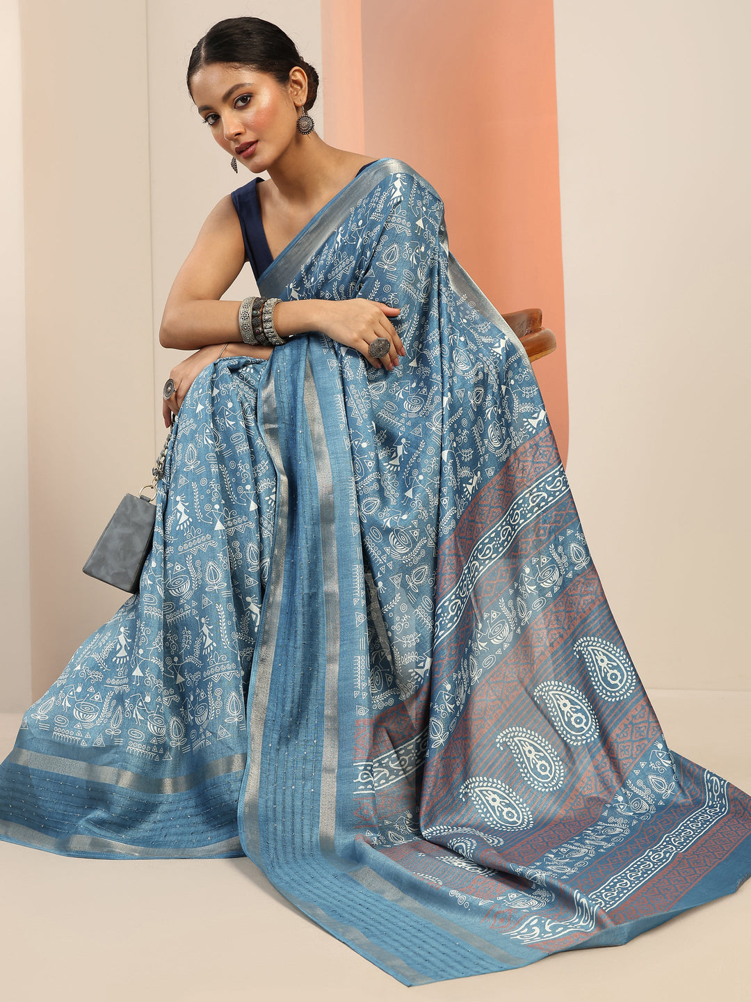  Blue Printed Silk Blend Saree With Unstitched Blouse Piece 