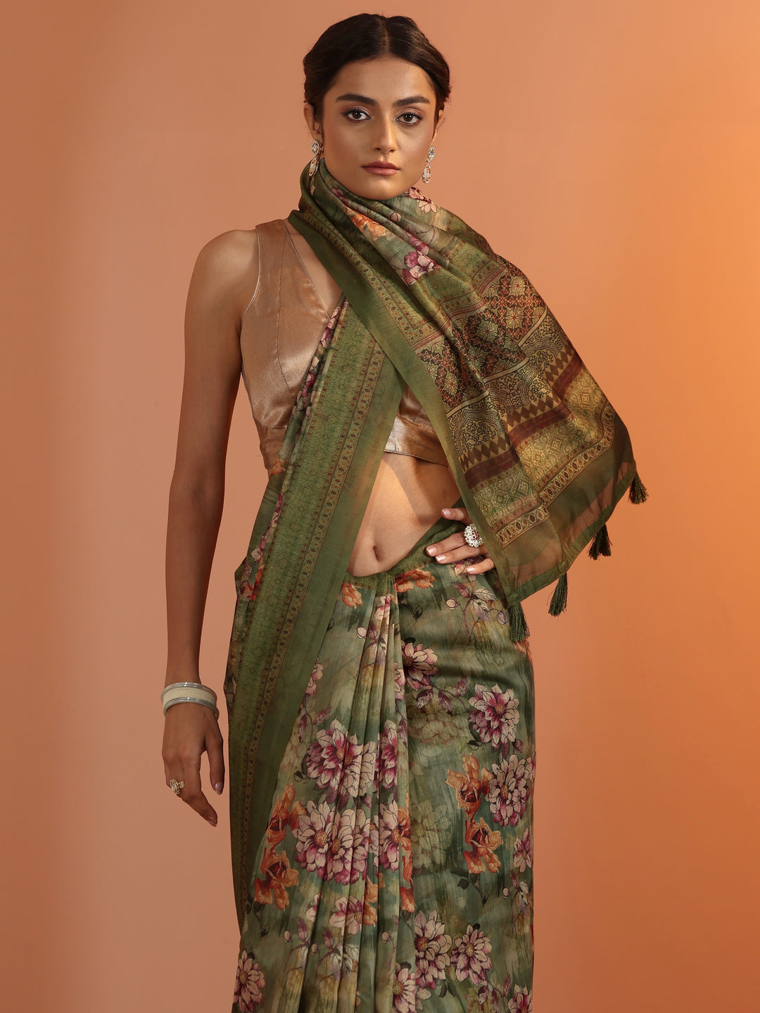  Green Printed Silk Blend Saree With Unstitched Blouse Piece 