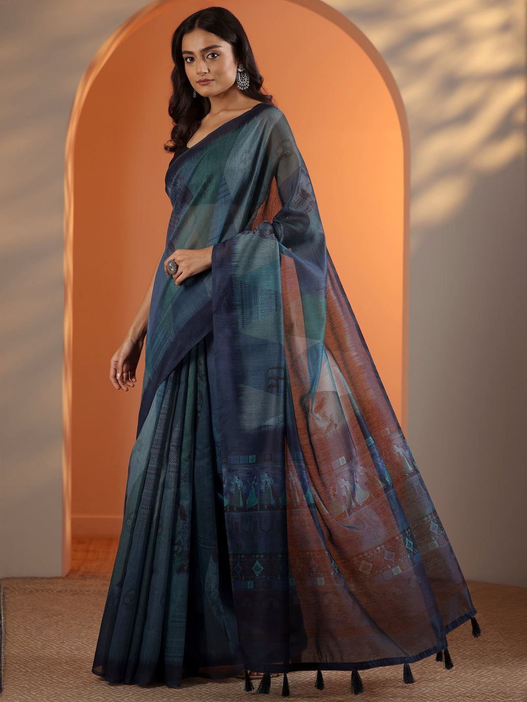  Blue Printed Silk Blend Saree With Unstitched Blouse Piece 