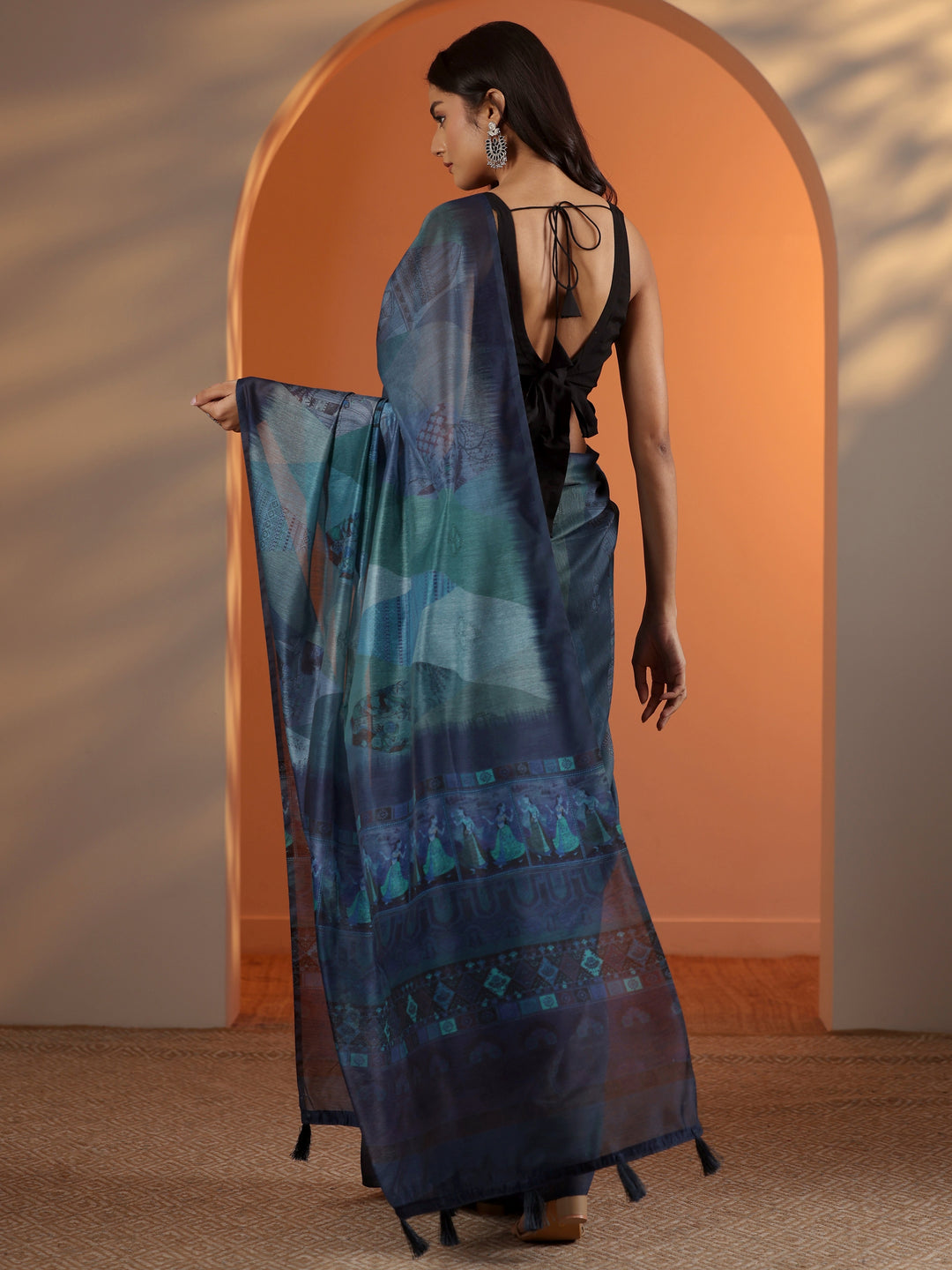  Blue Printed Silk Blend Saree With Unstitched Blouse Piece 