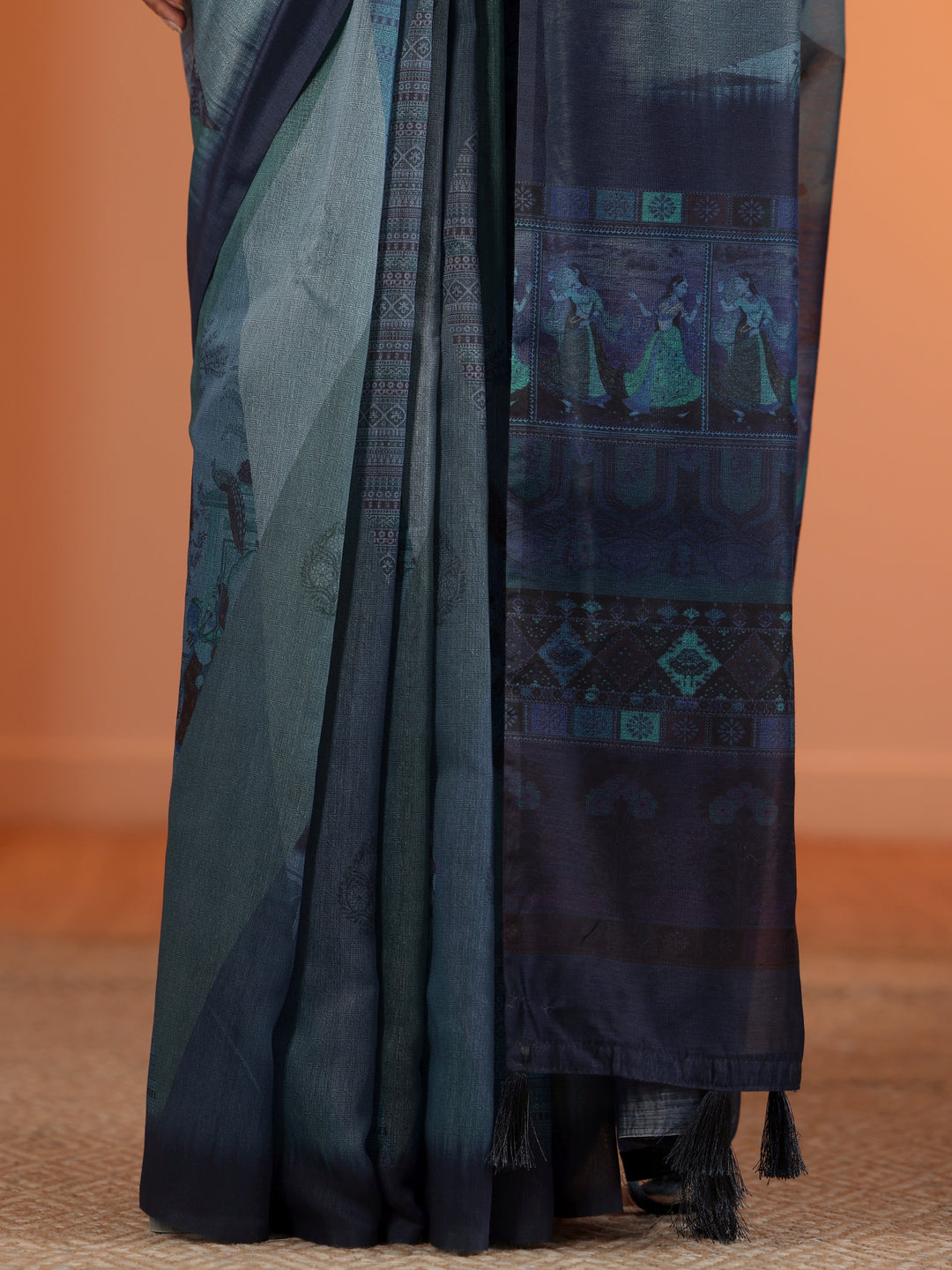  Blue Printed Silk Blend Saree With Unstitched Blouse Piece 